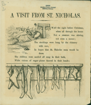 Closeup on a page from the book. It pictures mice sleeping under small blankets with sleeping caps on. Next to this is the text: Twas the night before Christmas, when all through the house not a creature was stirring, not even a mouse; the stockings were hung by the chimney with care, in hopes that Saint Nicholas soon would be there. The children were nestled all snug in their beds, while visions of search sugarplums dancing in her head; Below the text are five pairs of stockings of various sizes.  